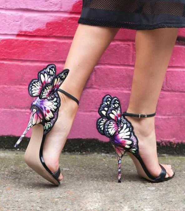 

Sexy Embroidered Stereo Butterfly Wings Wedding Sandals Women Angel Wings Pumps Open Toe Ankle Wrap Party Dress High Heels