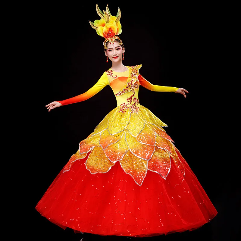 Yellow Red Dance Dress For Women New Year Festival Clothes Sequin Dance Performance Costume Long Sleeve