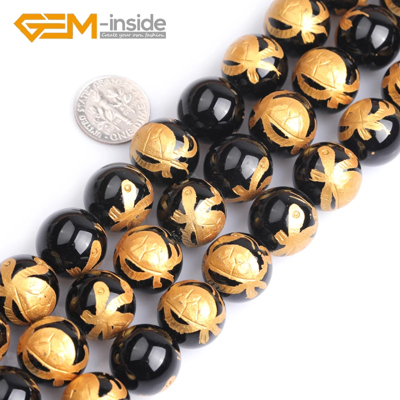 Natural Black Carved Tortoise/Phoenix Bird Agates 16mm Round Loose Beads for Jewelry Making 15