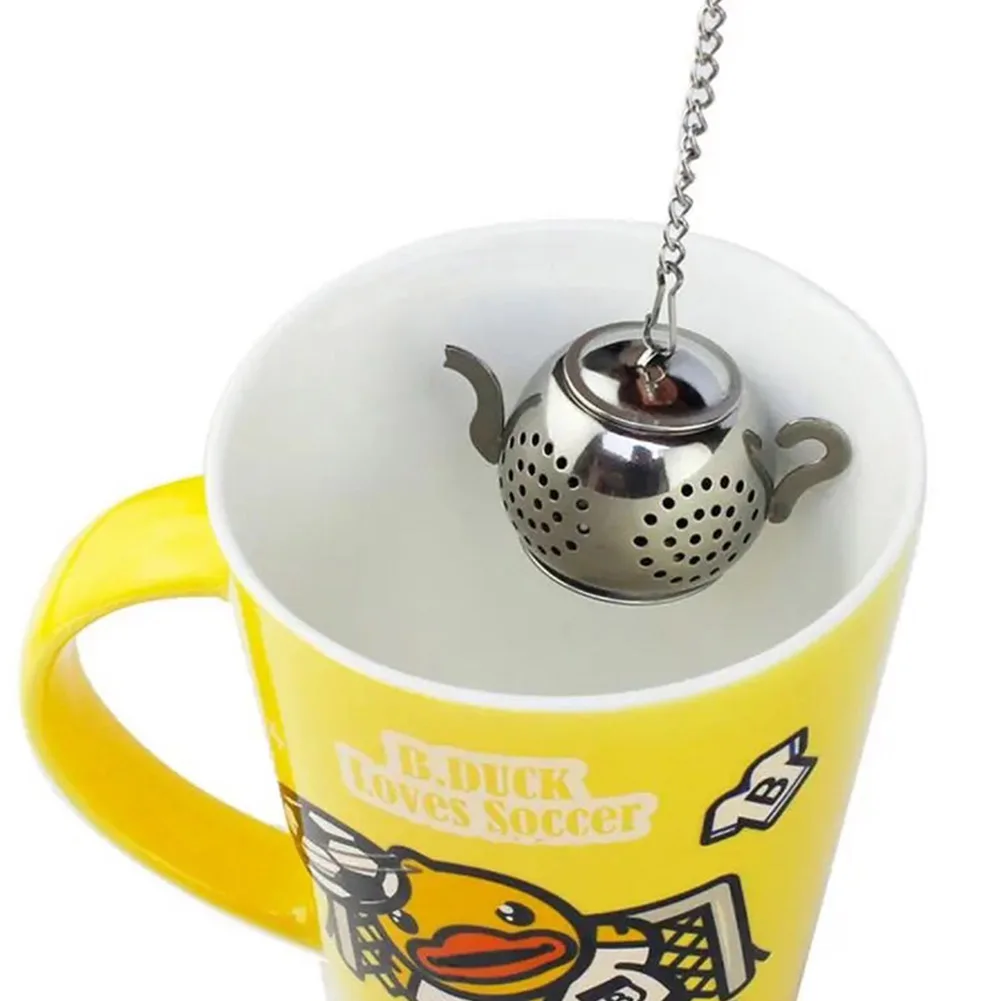 1pcs Tea strainer Teapot Shape Loose Tea Infuser Stainless Steel Leaf Tea Maker Strainer Chain Drip Tray Herbal Spice Filter