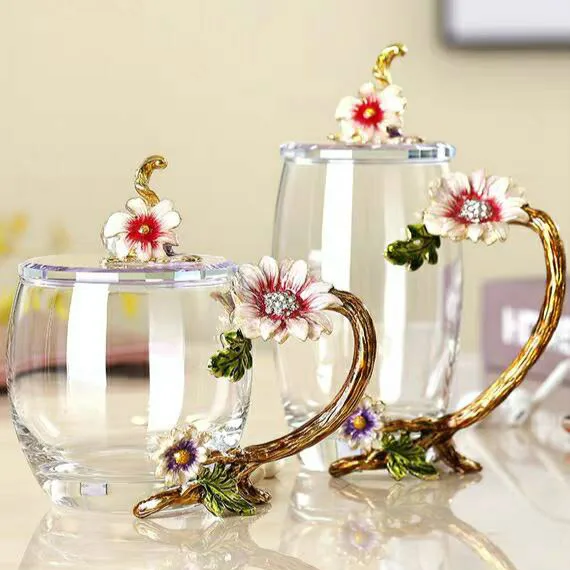 Enamel Tea mug High temperature resistance crystal Flower Tea set breakfast mug Drinkware afternoon Tea cup beautiful gift