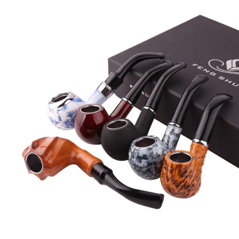 6 Pcs/Set Classic Style Wood Resin Tobacco Smoking Pipes Best Gift for Grandfather Boy Friend Father