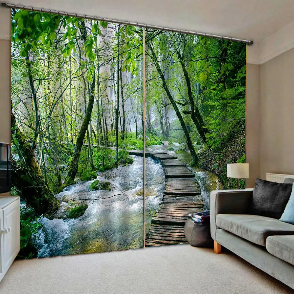 

Green landscape froest curtains wood road water curtains 3D Curtain Printing Blockout Polyester