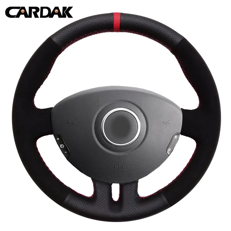 

CARDAK Black Leather Suede Red Marker Car Steering Wheel Cover for Renault Clio 3 2005-2013 Clio dynamics 2008 mk 3 2010