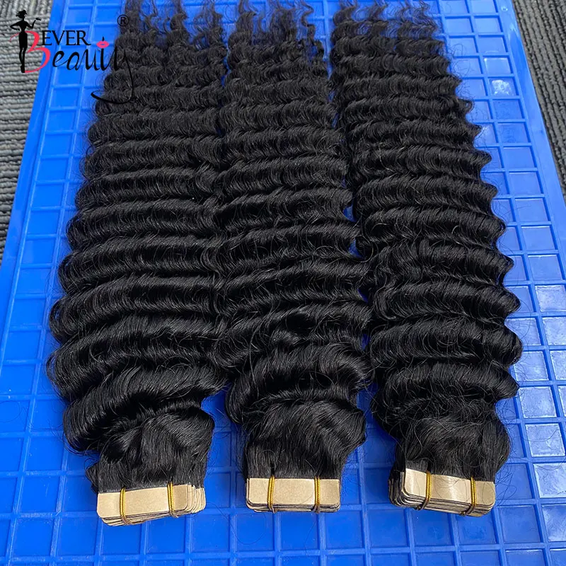 Tape In Hair Extensions For Black Women Loose Curly Skin Weft Invisible Human Hair Bundles Brazilian Bulk Deep Wave Ever Beauty