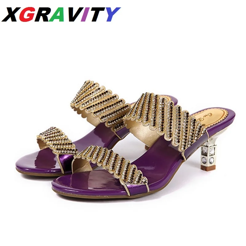 

XGRAVITY D003-1 New Fashion Evening Pumps Sexy Mid-Heel Crystal Women Sandals Fashion Party Shoes Summer Shoes For Ladies Dress