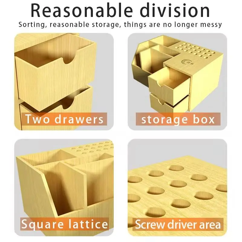 Multifunctional Wooden Storage Box Screwdriver Tweezers Holder Mobile Phone Repair Desktop Storage Tool Parts Box With Drawer