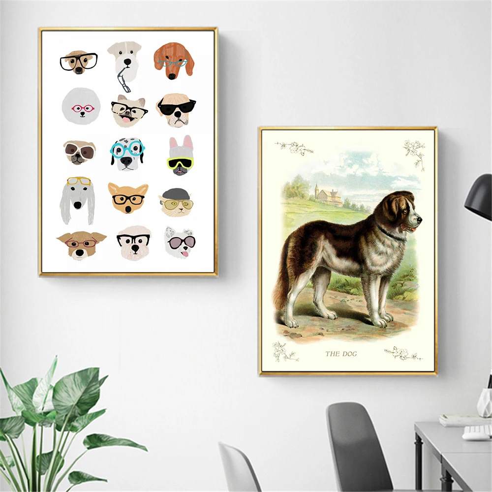 قماش جدار صور لطيف المشارك الكلب مجردة اللوحة على قماش يطبع جدار الفن الرجعية الشمال نمط الاطفال الديكور كوادروس