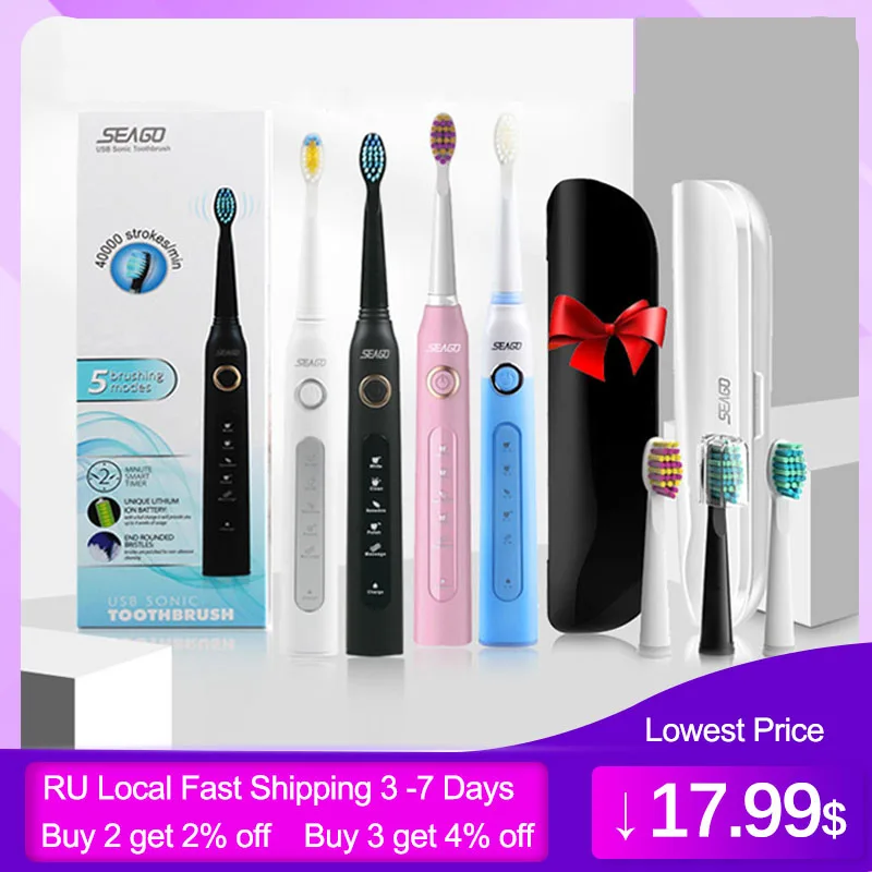 

SEAGO Sonic Electric Toothbrush Adults Timer 5 Modes USB Rechargeable Tooth Brush Replacement Brush Head Nozzles Gift Box SG-507