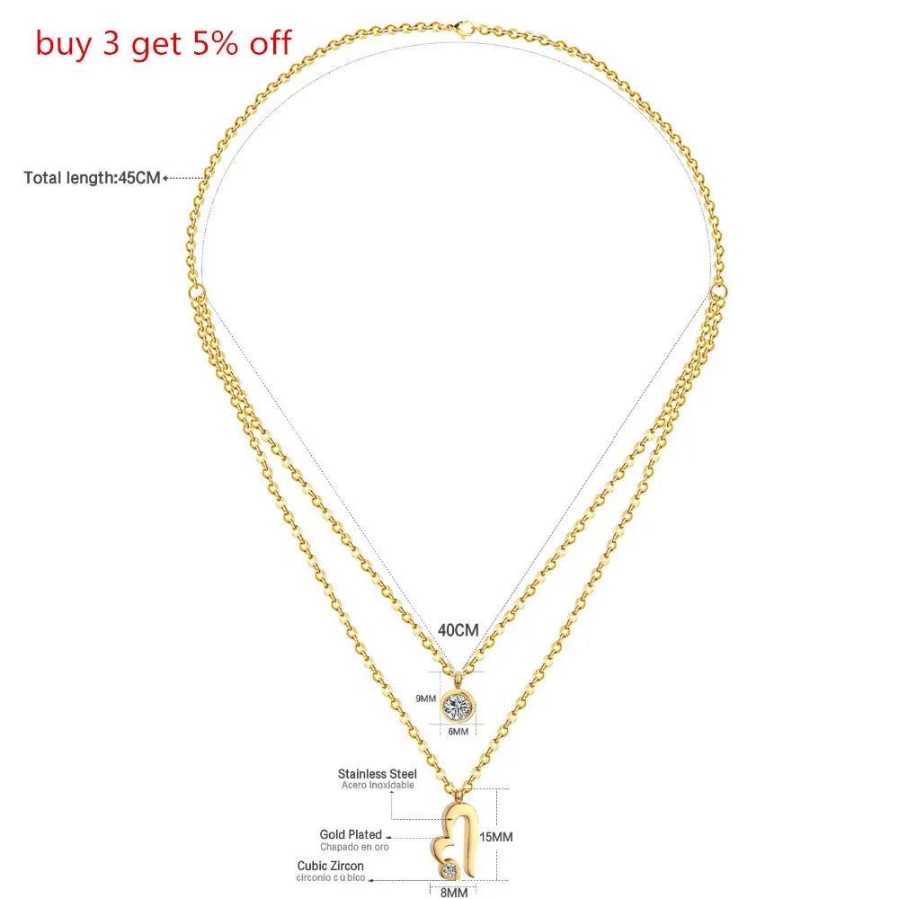 LUXUKISSKIDS Gold/Steel Color Double Chain Necklace Stainless Steel Jewelry Heart Pendant with CZ Crystal Choker for Women Gift