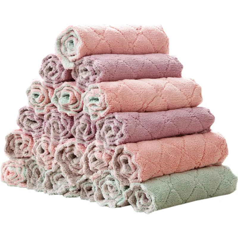 25x15cm Super Absorbent Coral Fleece Rag Dishcloth Baby Bathing Towl Double-sided Infant Bib Kitchen Wiping Cloth Scouring Pad