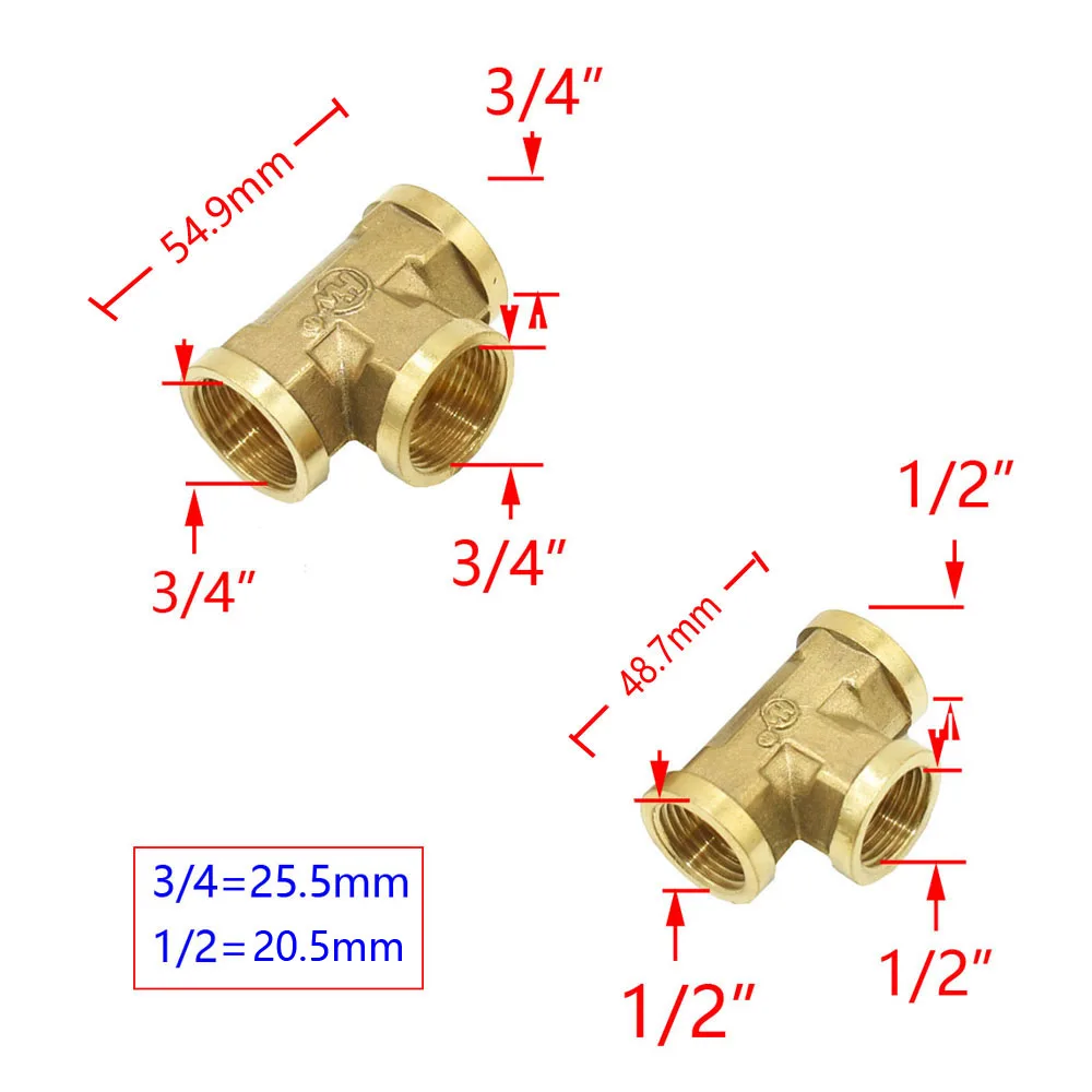 T-Shaped 1/2 3/4 Inch Copper Metal Threaded Water Pipe Connector Brass 1/2 3/4 Male Female Tee Connectors Cross Water Splitter