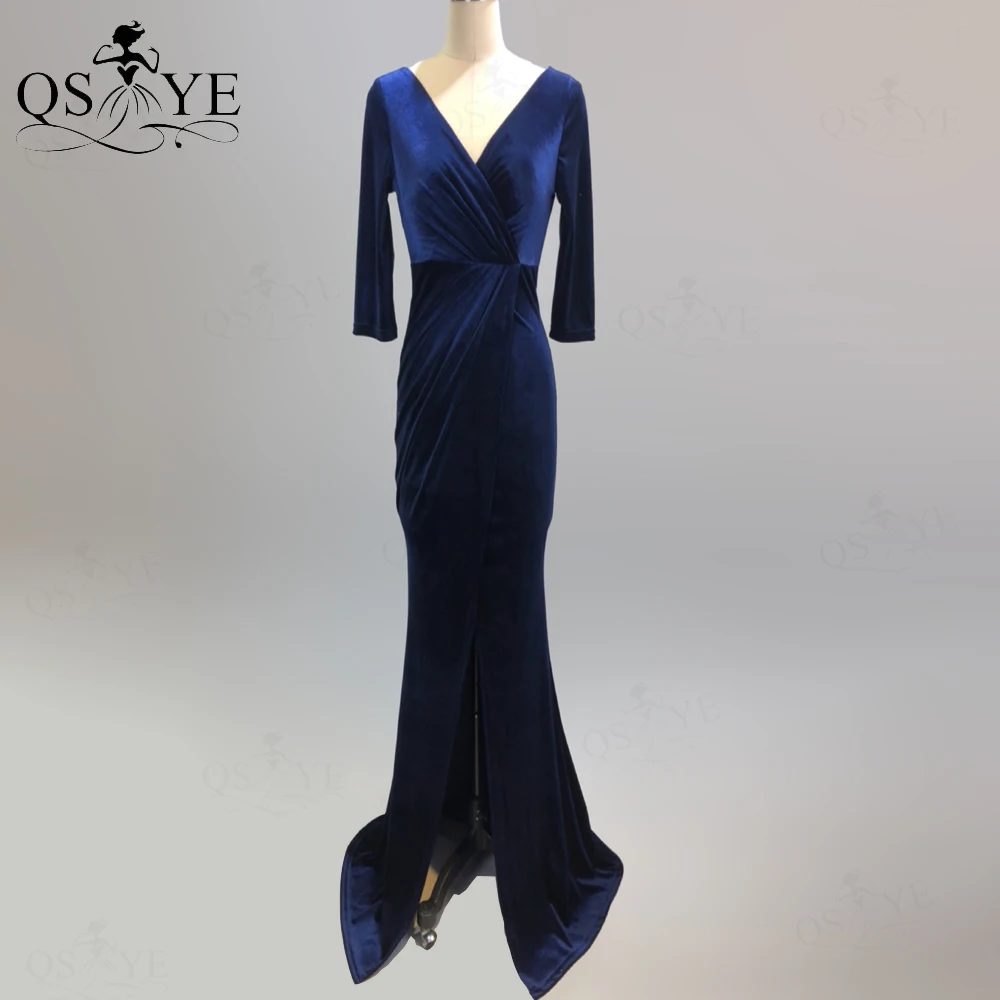 QSYYE Navy Evening Dress Long Sleeves Mermaid Velvet Evening Gown Sexy V Neck Party Dress Ruched Waist Formal Dress Open Back