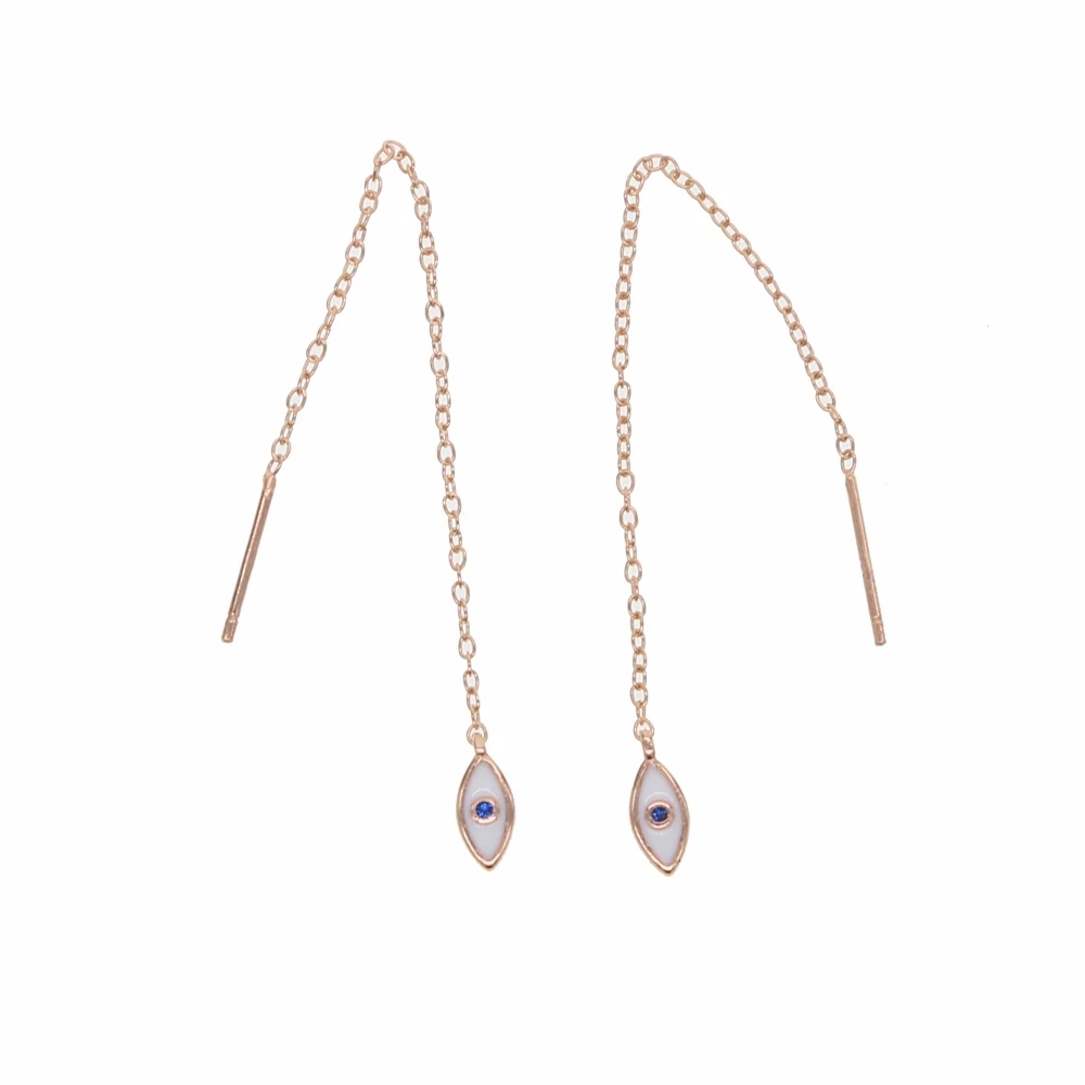 Long Chain Ear Threader Earring White Enamel Evil eye Charm Silver color Rose gold Turkish Fashion Earring Jewelry