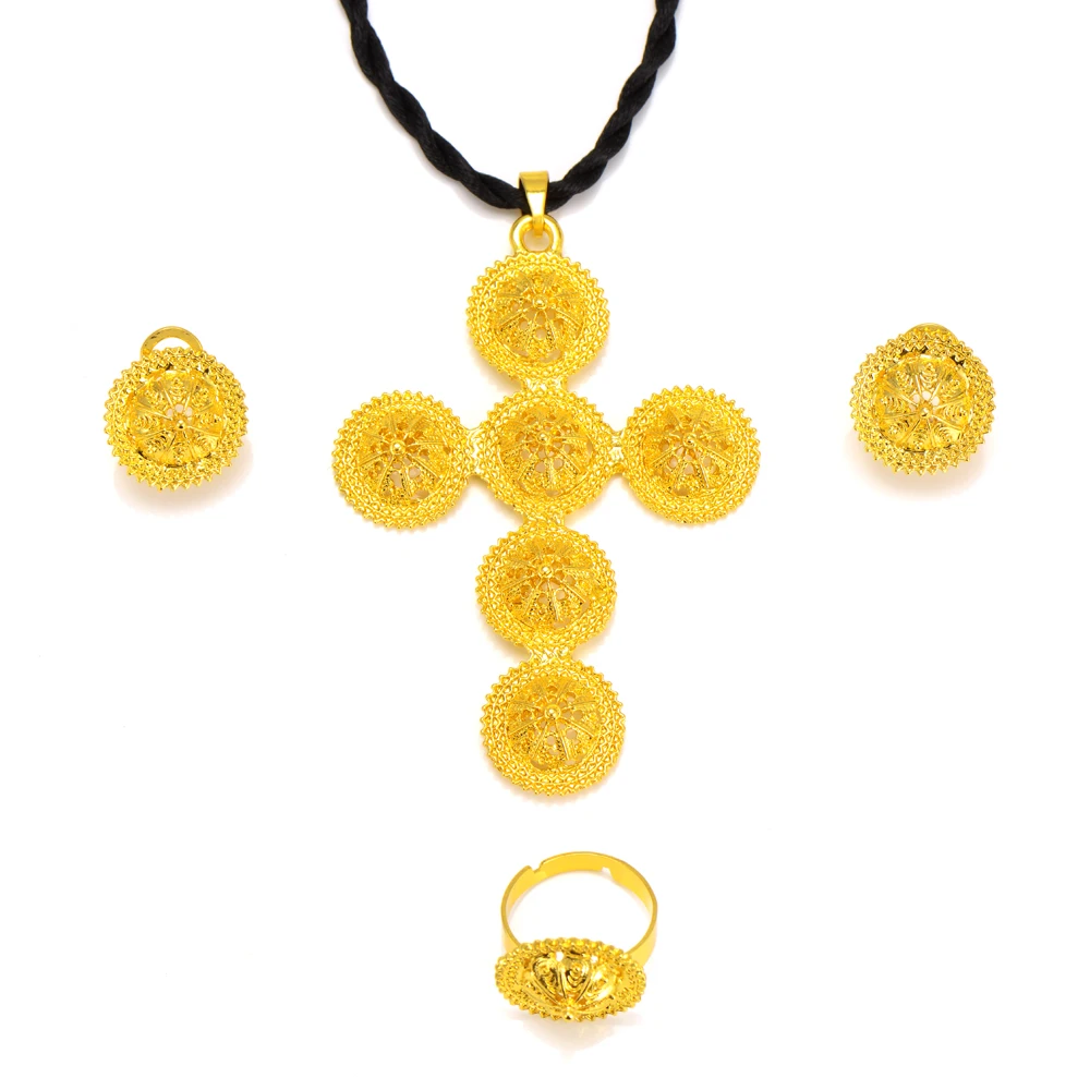 

24 k Fine Solid Gold Filled Jewelry Sets Necklace earrings ring Women's large-scale Cross Pendant Wedding Bride Habesha