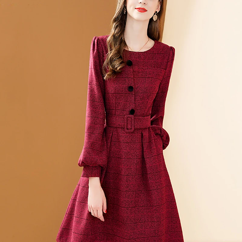 EVNISI Vintage Red Plaid Dress Women Winter 2022 New O-neck Slim Woolen A-line Lantern Sleeve Dress With Belt Streetwear Robe