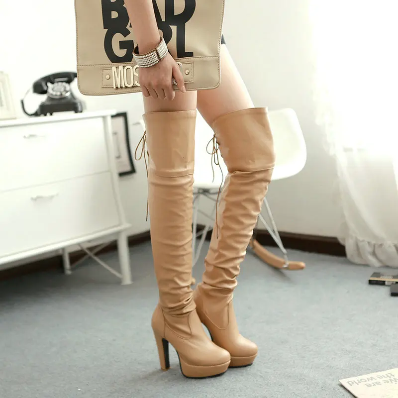 Sianie Tianie Sexy Soft PU Pleated Design Platform Thick High Heels Woman Overknees Nude Women Winter Shoes Over The Knee Boots