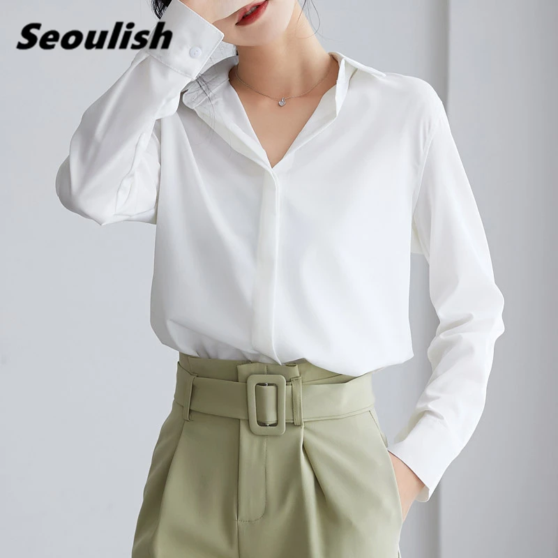 

Seoulish 2021 New Autumn White Women's Shirt Female Blouse Tops Long Sleeve Turn-down Collar Korean OL Style Office Lady Blouses