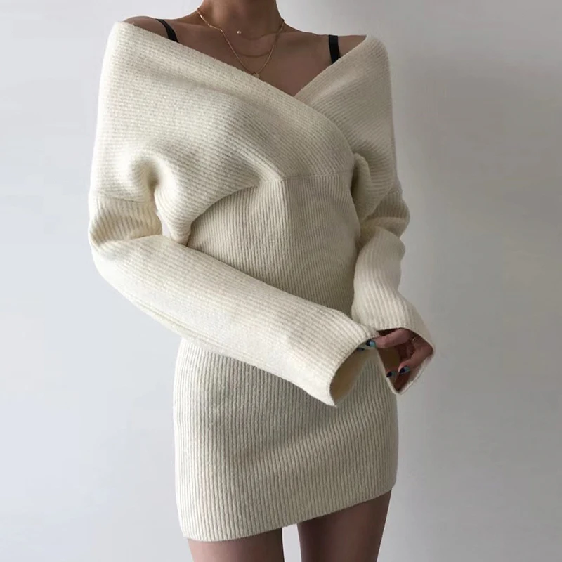 

Christmas Ribbed Knit Bodycon White Party Dresses For Women Fad Sexy V Neck Long Sleeve Short Black Winter Sweater Dress Warm