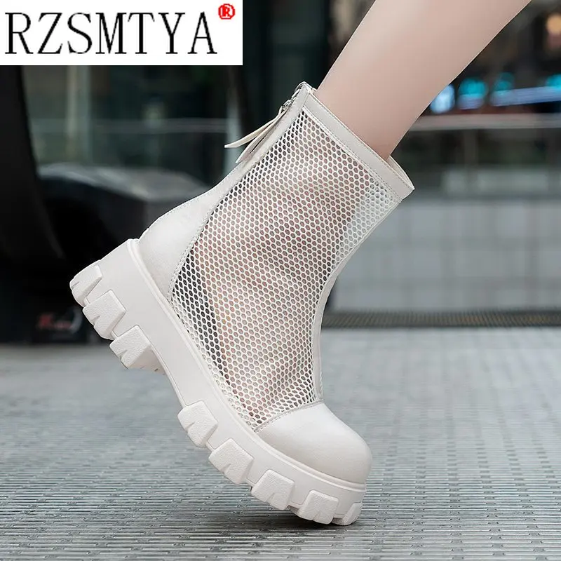 Breathable Mesh Hollow Sandals Plus Big Size 42 43 Summer Breathable Platform Boots Thick Sole Women Back Zipper Boots