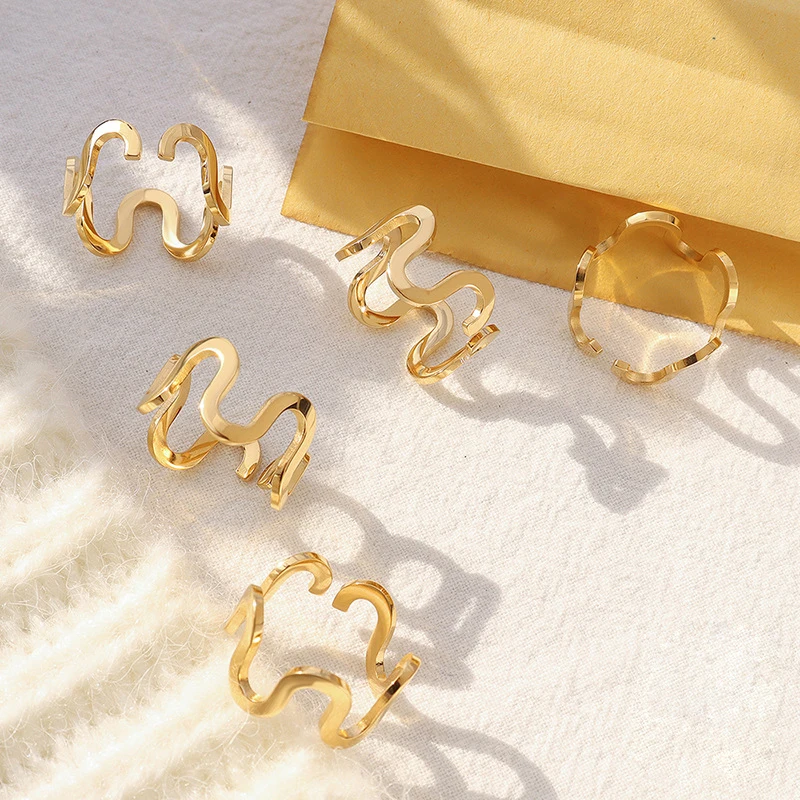 

2022 New Fashion Waterproof Stainless Steel U Shaped Ring for Women PVD Gold Plated Metal Wave Open Ring Jewelry Gift