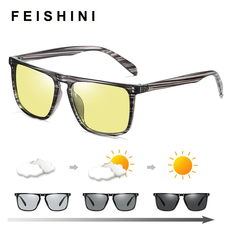 

FEISHINI Rectangle High Quality Polarized Sunglasses Men Square Car Driving Glasses Photochromic Yellow Day Night Vision Driver