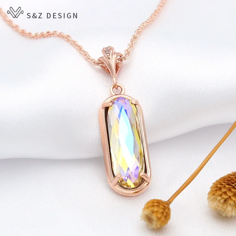 S&Z DESIGN New Oval Egg Shape Crystal Pendant 585 Rose Gold Color Cubic Zirconia Necklace For Women Elegant Wedding Jewelry