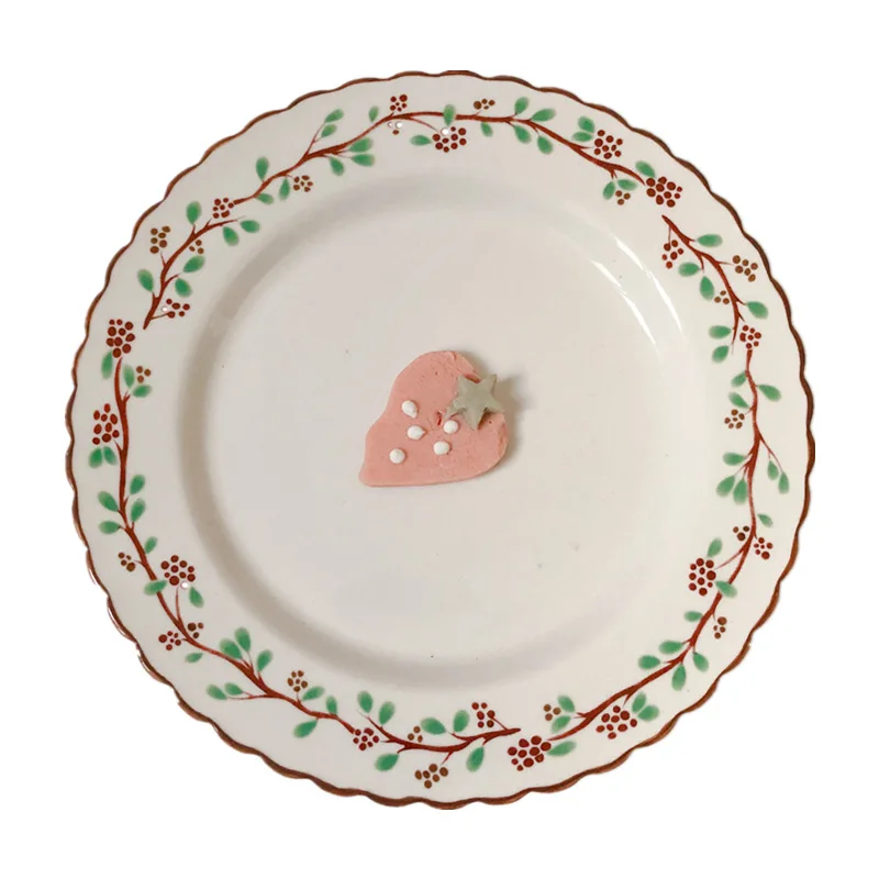 Ins Korea Wavy Flower Red Raspberry Ceramic Dessert Plate Western Steak  Cake  Household Dinner