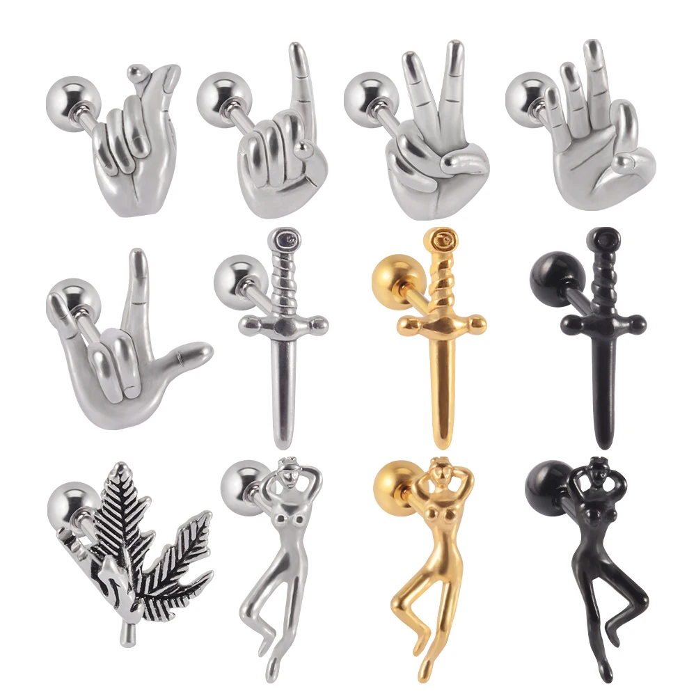 1PC Stainless Steel Punk Ear Studs Tragus Cartilage Gothic Earring Piercing Finger Stud Earrings Helix Piercing Jewelry 16G