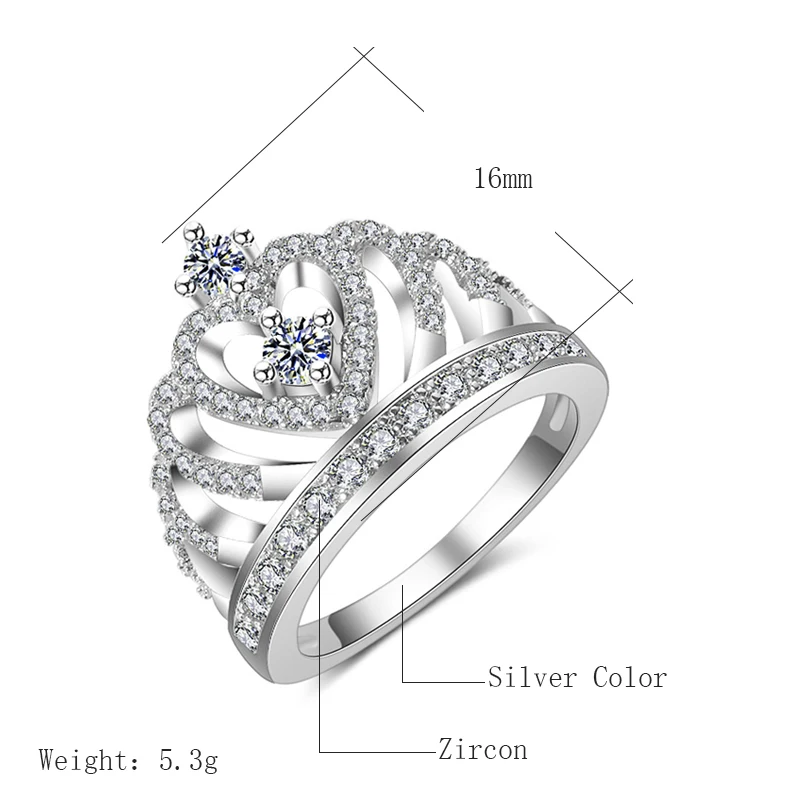 Kinel Jewelry Fashion CZ Stone Crown Rings For Women Silver Color Princess Cut 4.6 CT White ZirconEngagement Wedding Ring