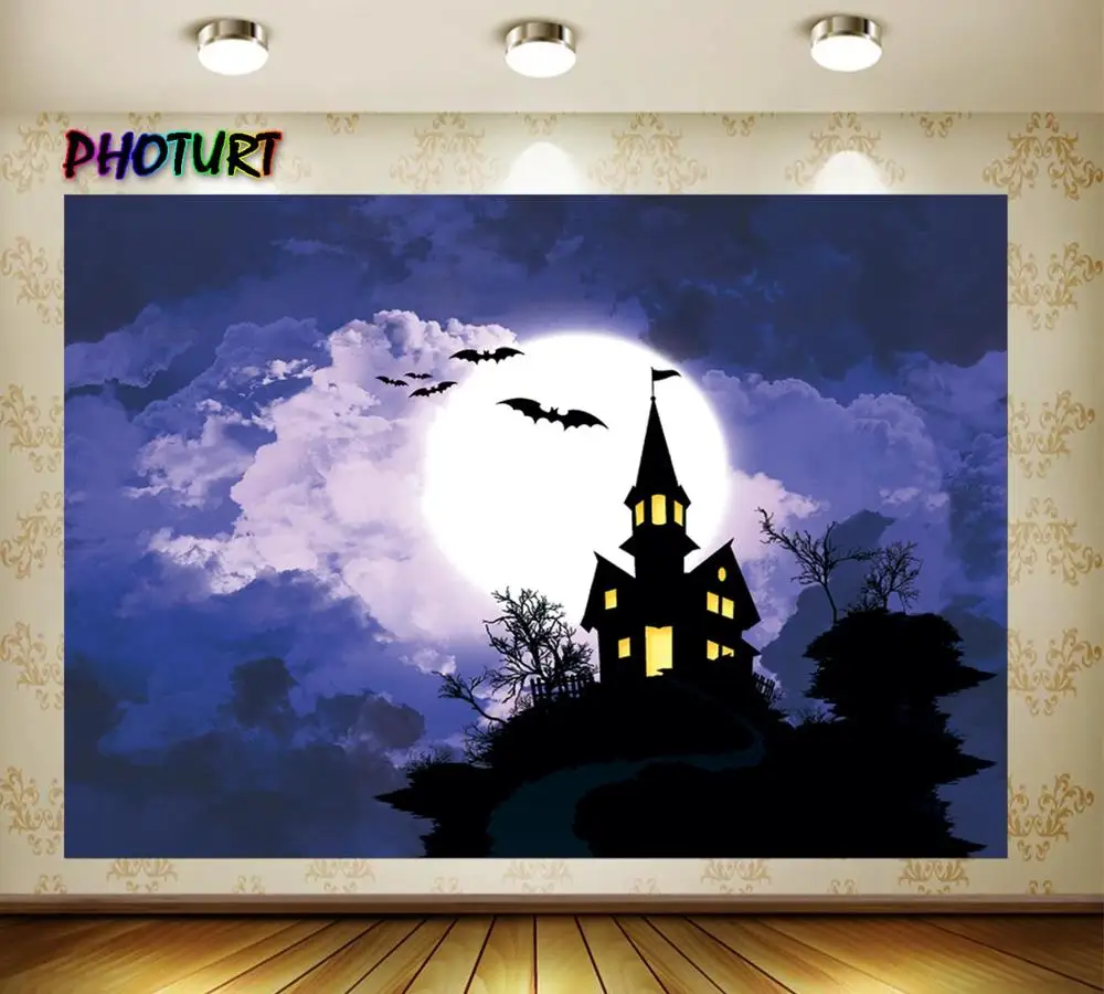 PHOTURT Halloween Backdrop Festival Decorate Background Full Moon Dark Castle Bat Vinyl Photo Banner Photography Props