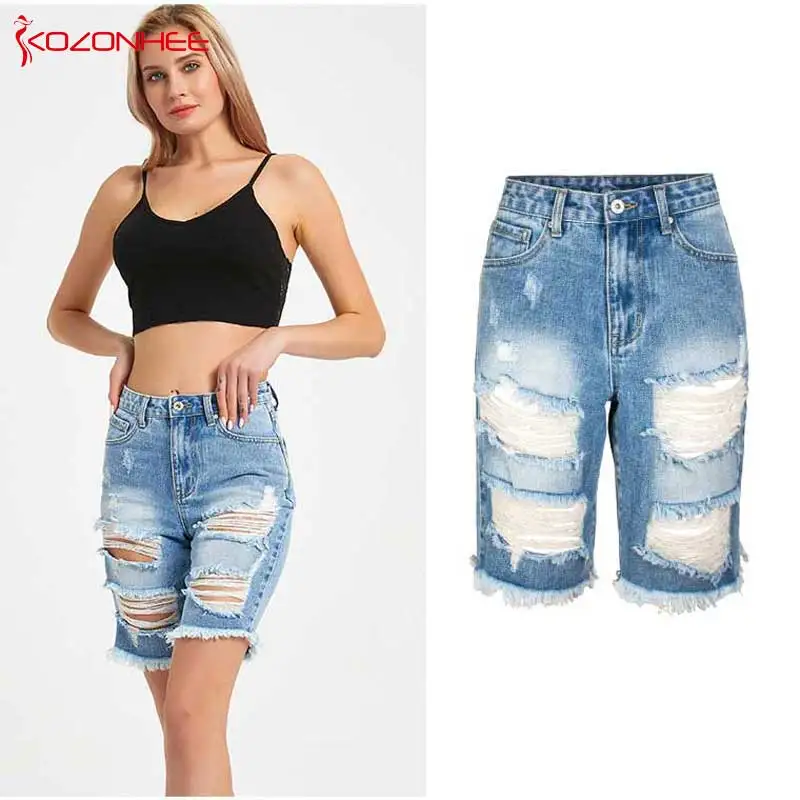 Loose Blue Inelastic Hole Jeans With Mid Waist For Women Knee Length Ripped Jeans Pants For Female #25