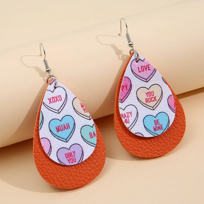 

2021 New Valentine's Day Drop-shaped Double Layer Lychee Pattern Leather Earrings Colorful Love Letter Pu Jewelry Wholesale