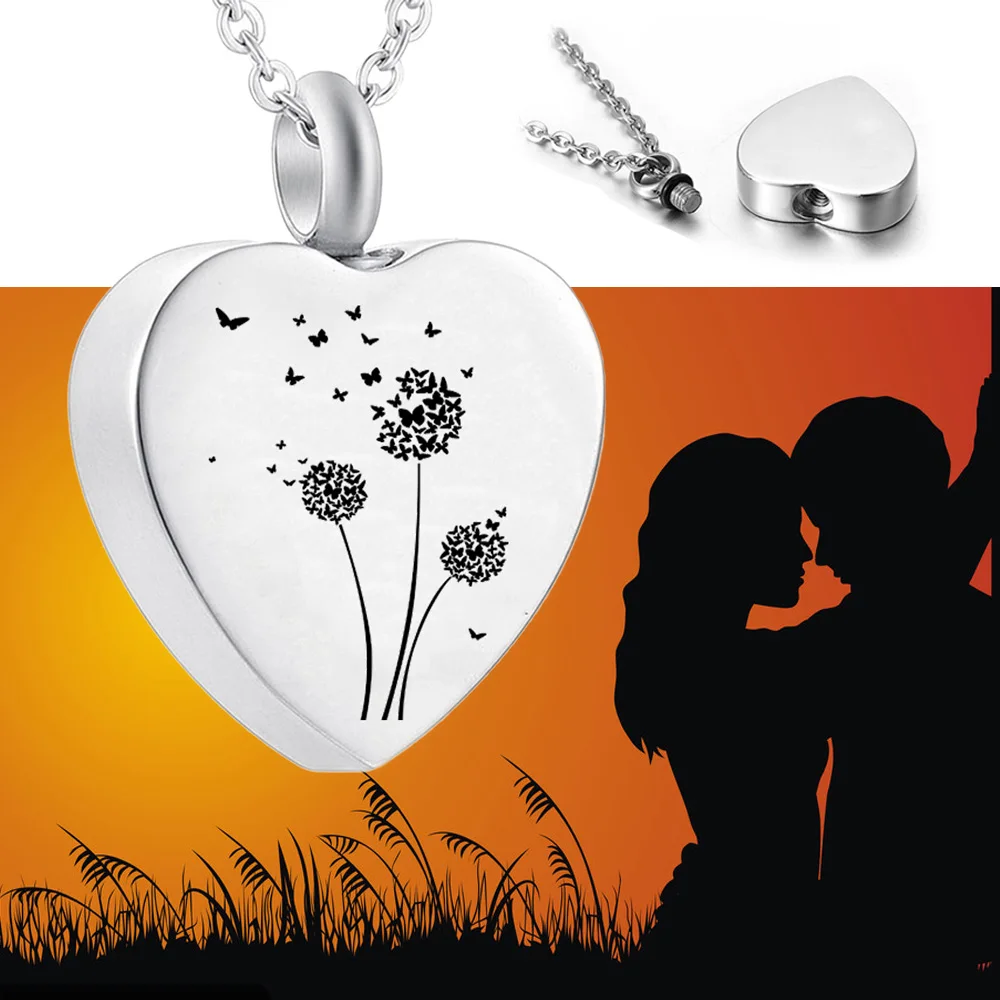 Stainless steel heart-shaped dandelion ashes pendant  butterfly urn necklace cremation jewelry keepsake gift