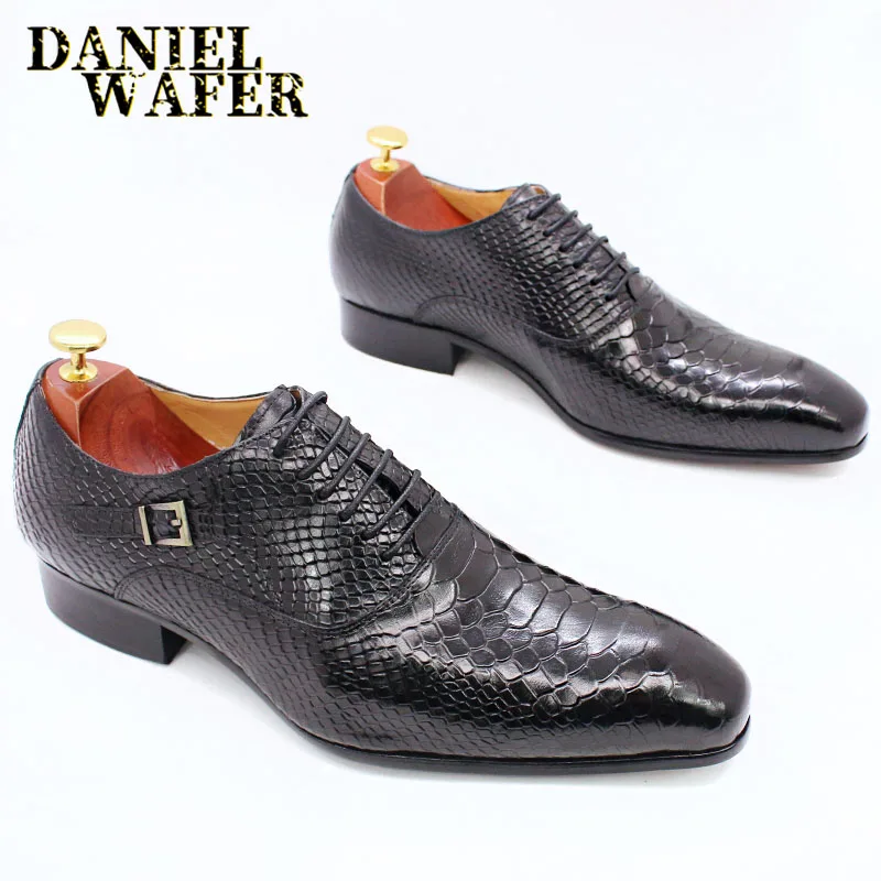 Modische Herren-Lederschuhe mit Schlangenhaut-Aufdruck, klassische Schnürung, Oxford, formell in Wein, Blau, Kaffee, Schwarz – spitze Zehenpartie – Detail 8