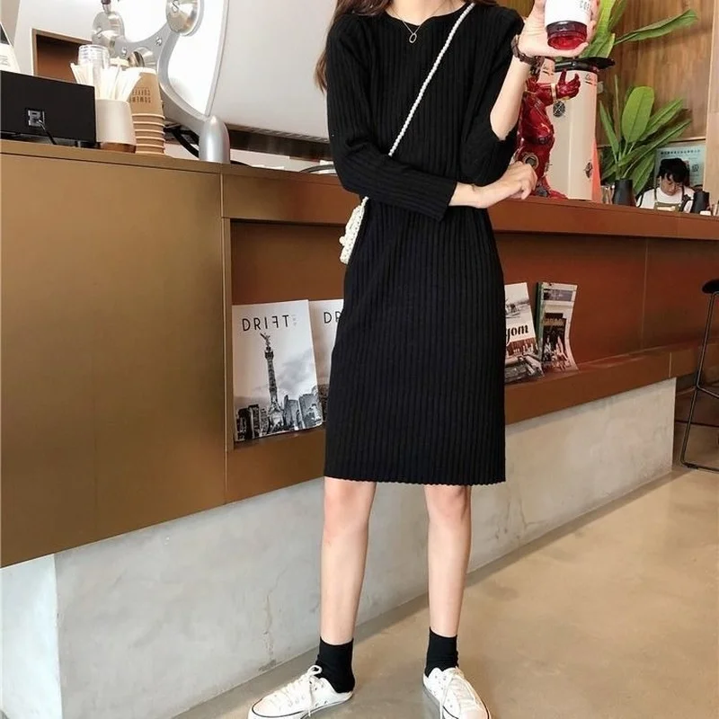 Abito a maniche lunghe donna nuovi amici stile coreano magro Maxi lavorato a maglia solido semplice Casual caldo elasticità o-collo Harajuku Vestido