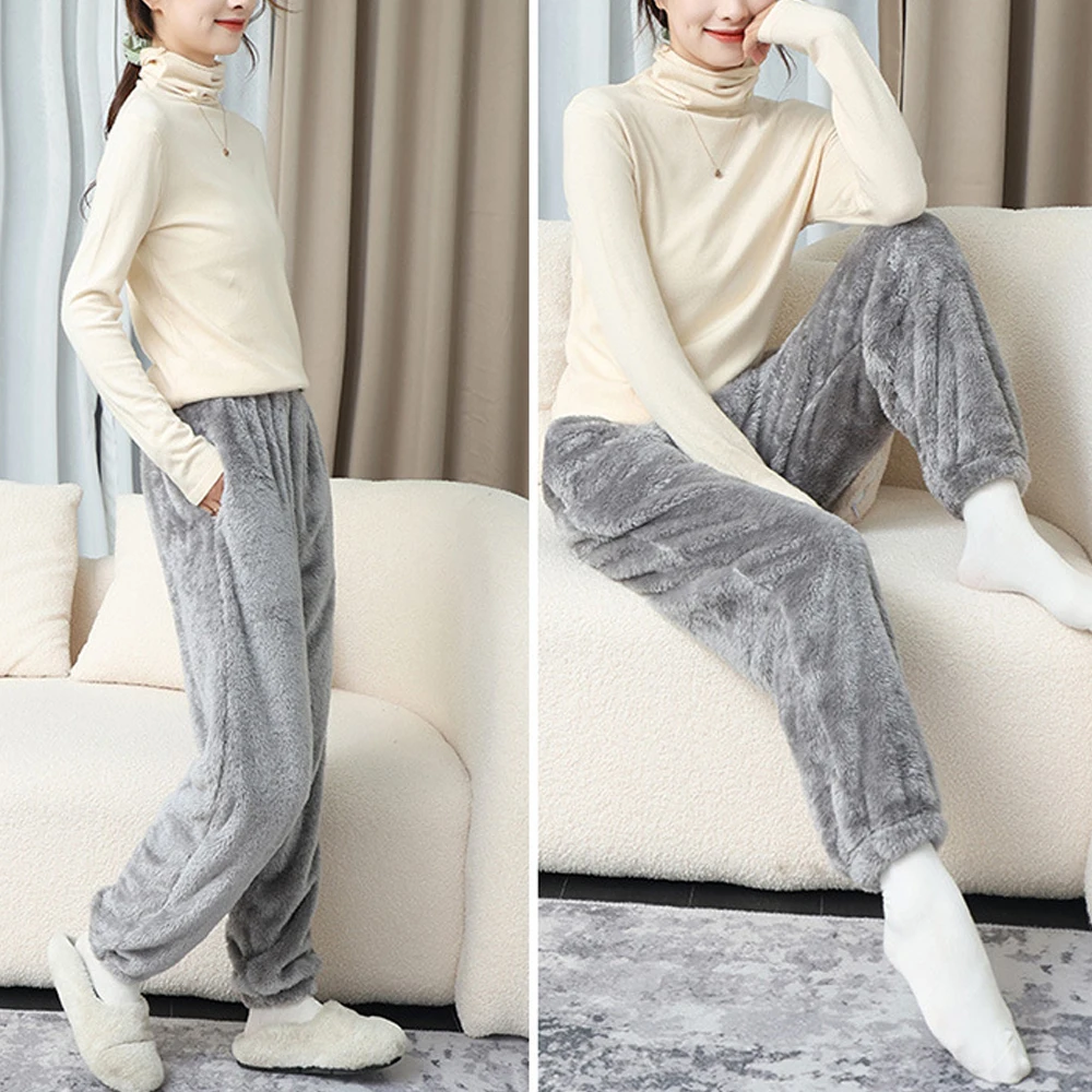 New Winter Pajamas Home Pants Women Thicken Warm Elastic Trousers Loose Fleece Pijamas Pants Sleepwear Solid Autumn Nightwear