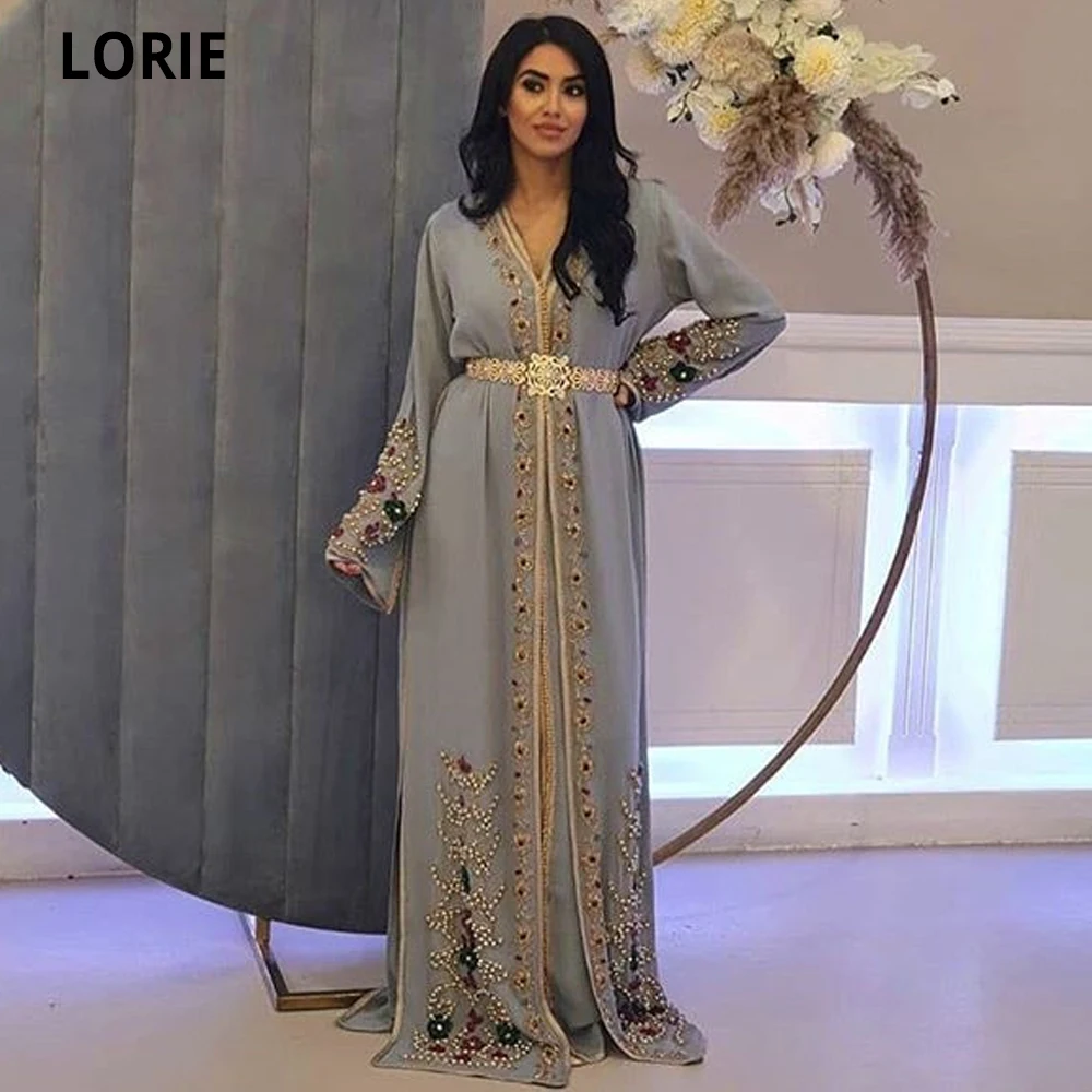 Lorie celebridade vestidos de noite caftan marroquino para mulheres rendas apliques miçangas formal prata cinza vestidos de festa de baile manga longa