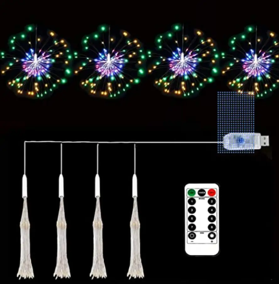 Copper wire firework lights USB 4 pieces 320LED fairy light patterns starburst light suitable for indoor decoration string light