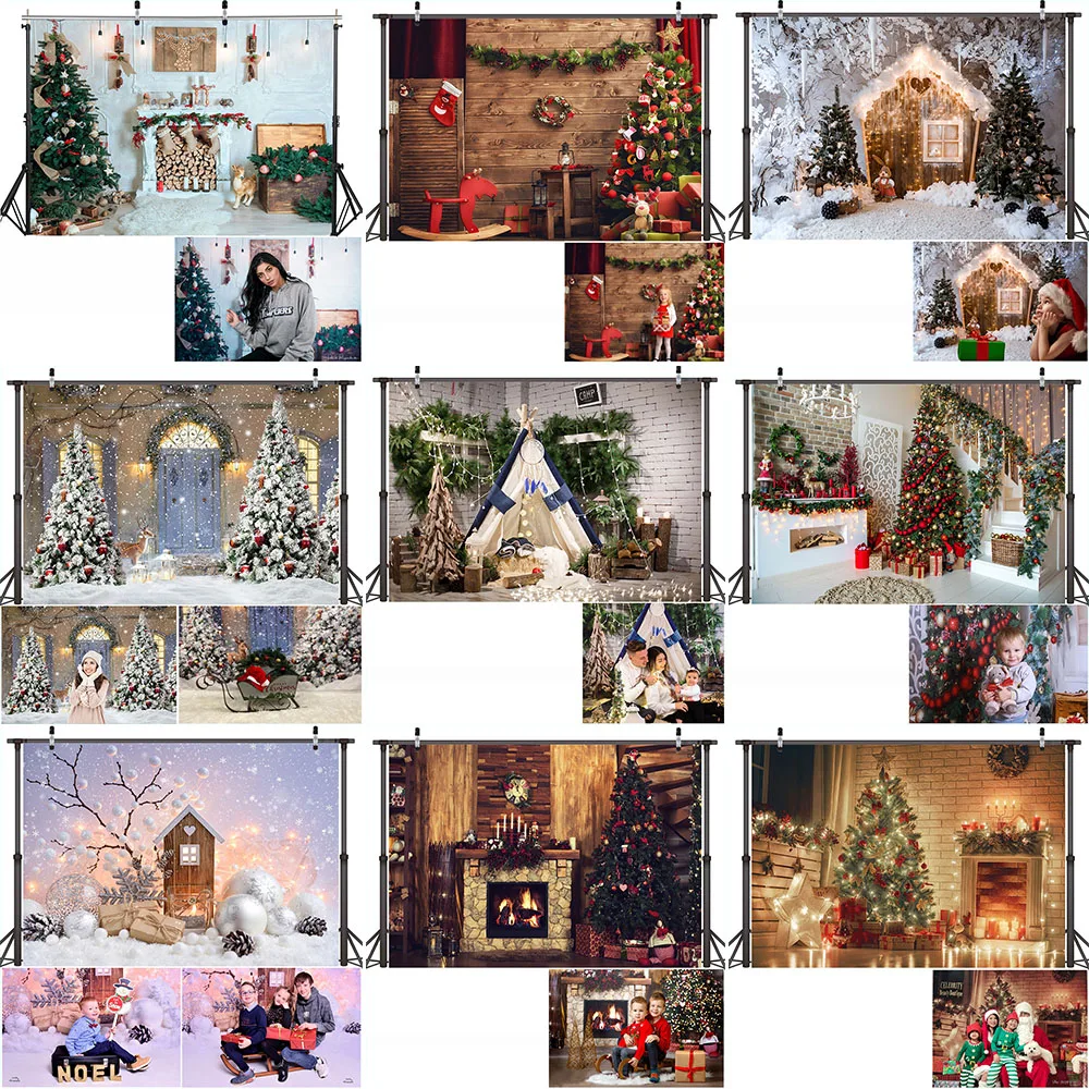 Merry Christmas การถ่ายภาพฉากหลังฤดูหนาวครอบครัวพื้นหลังตกแต่งฉากหิมะเตาผิงต้นคริสต์มาสถ่ายภาพ