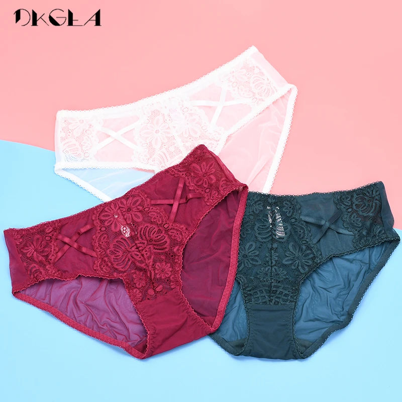 Women Mid-Rise Panties 3 Pcs White Green Burgundy Transparent Underwear XL L Embroidery Lace Briefs Soft Hollow Out Sexy Panty