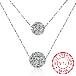 925 Sterling Silver Double Layer Shiny Cz Zirconia Crystal Lucky Ball Pendant Necklace For Women Gift Collares S-n58