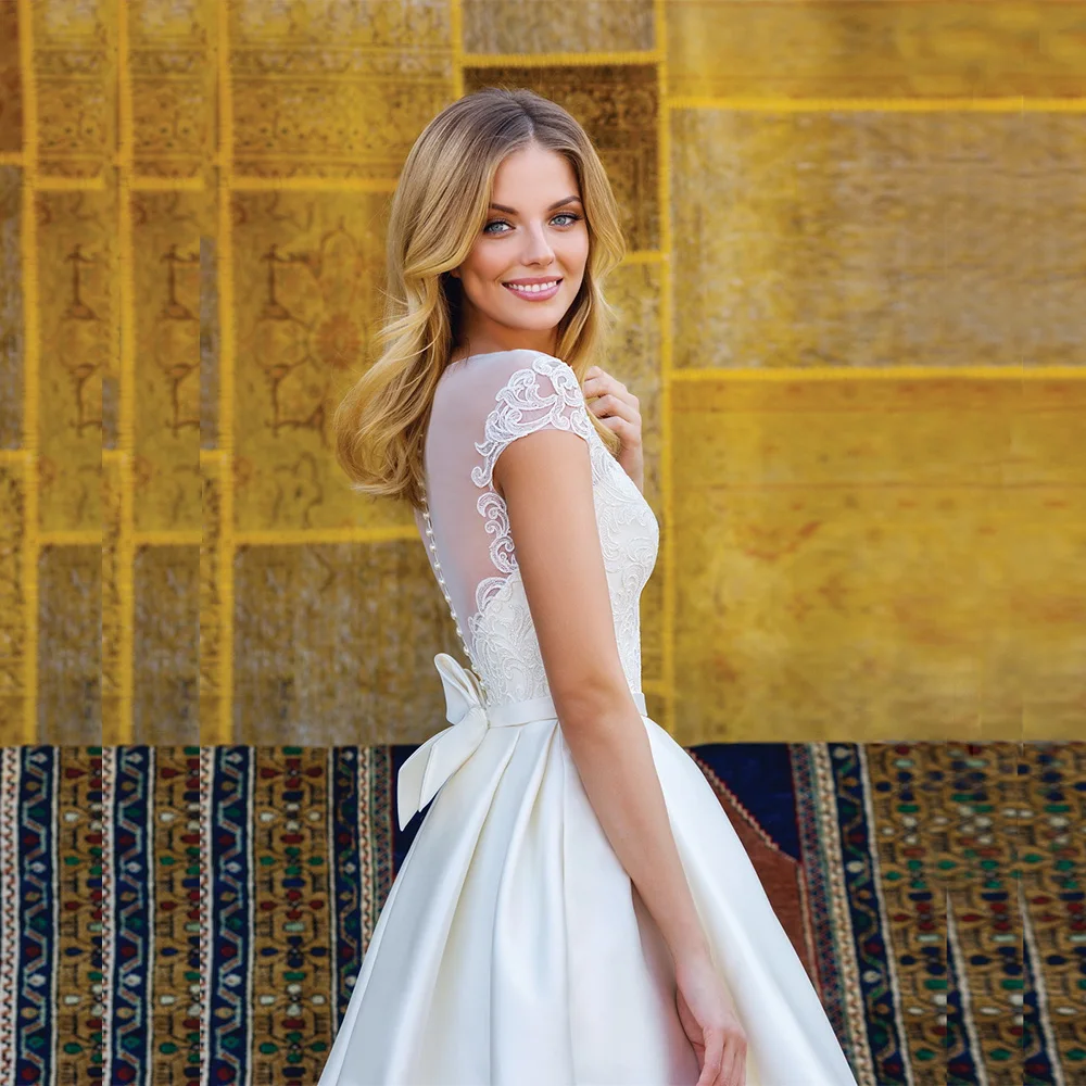 Vestido De Novia De satén De manga corta, elegante, cuello redondo, blanco, encaje De color marfil, apliques, 2020