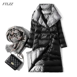 FTLZZ-Veste Longue Ultra Légère pour Femme, Manteau en Duvet de Canard Blanc, Double Face, Slim, Simple Boutonnage, Col Roulé, Parkas Chauds, Hiver