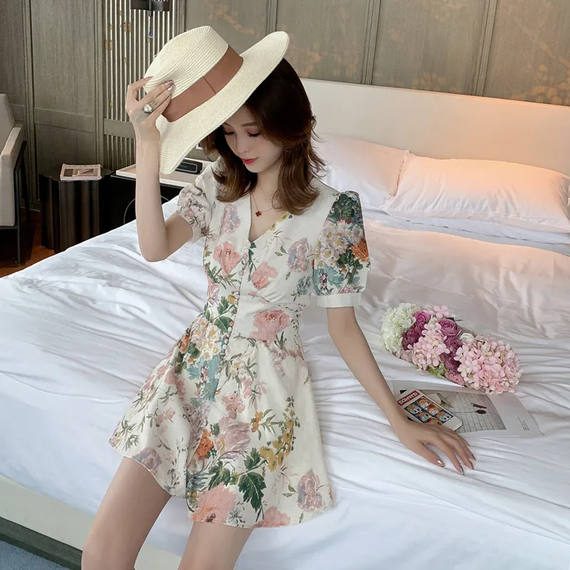 Women Sexy V-neck Floral Print Mini Jumpsuit Ladies Summer Vintage Boho Short Sleeve High Waist Dress Pants