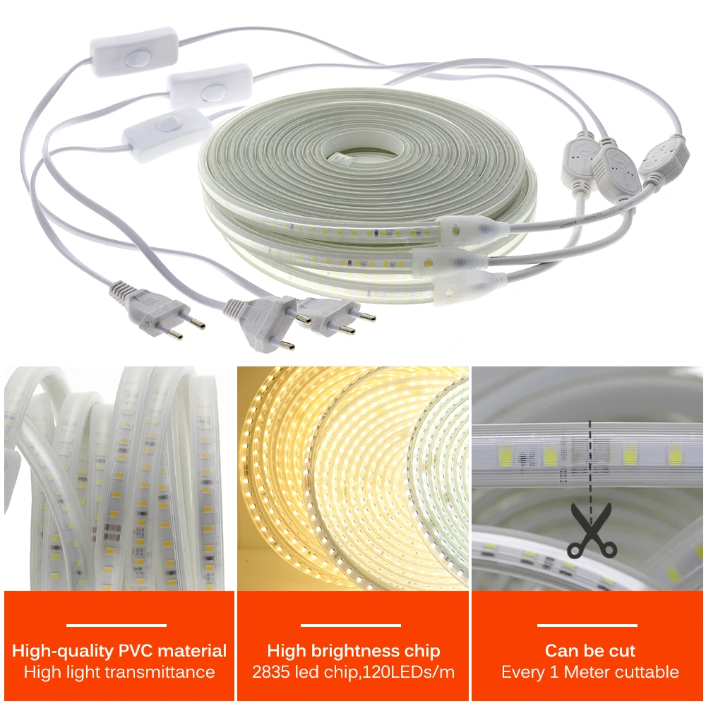 220V LED Strip 120LEDs 8W/m with EU Plug and Switch Not Dazzling Flexible LED Light Waterproof Outdoor Use LED Tape