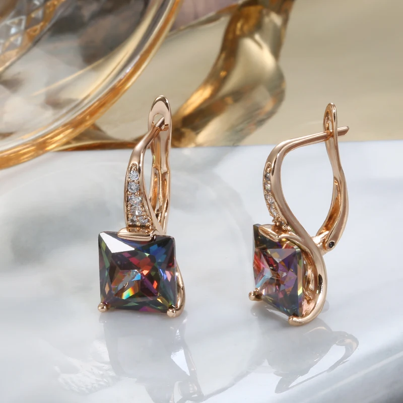 585 Rose Gold Red Green Gradient Zircon Earring for Women Square Cut Stone Rainbow CZ Fashion Party Jewelry Crystal Drop Earring