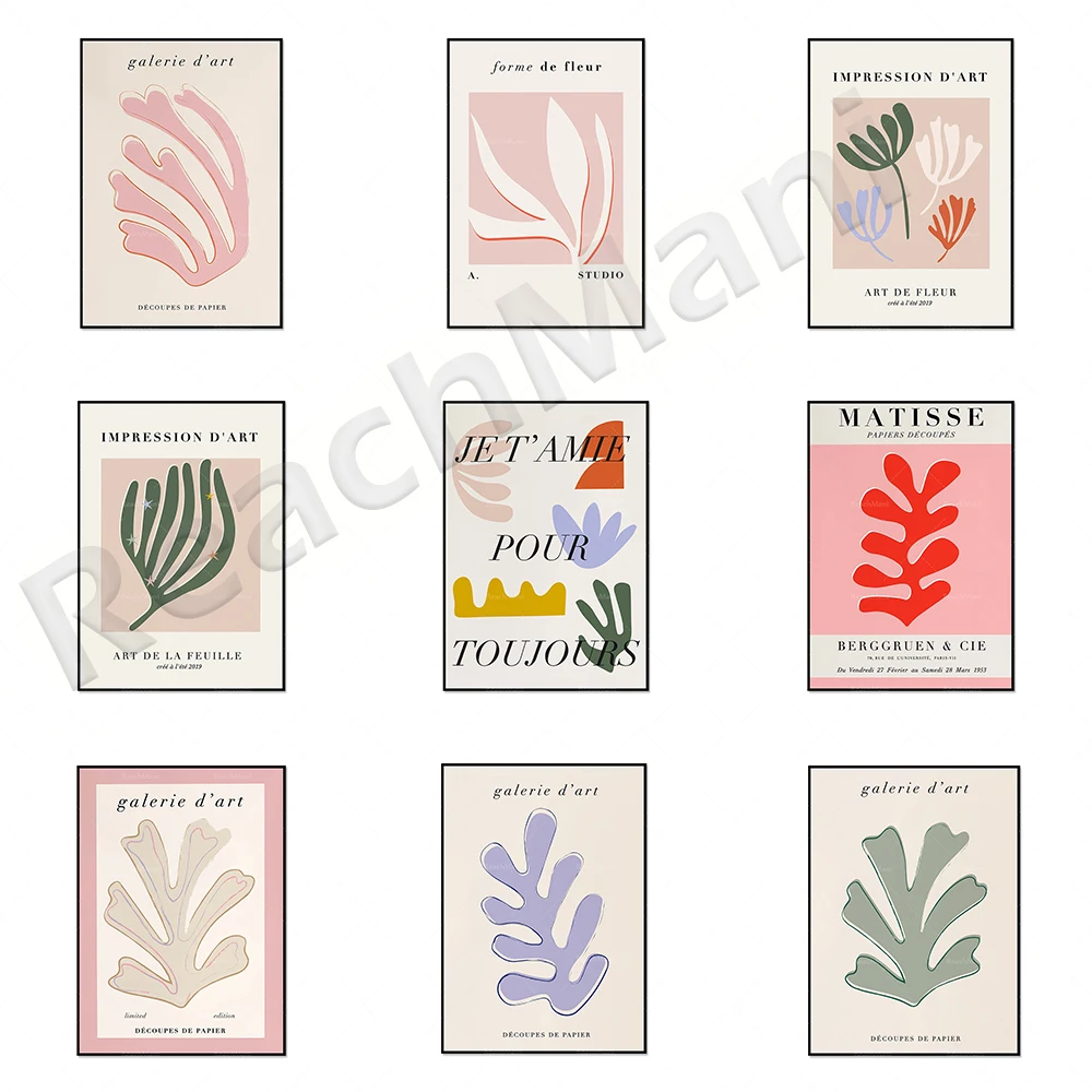 

Matisse-inspired prints, Matisse style abstract leaf prints, abstract botanical flower prints, French wall art exhibition poster