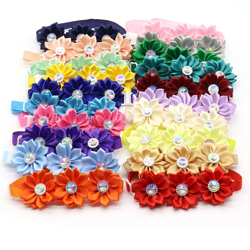 30/50 Pcs Pets Dog Puppy Bow Ties Flower Collar Diamond Dogs Grooming Accessories Small Dogs Cat Pet Bowties Collar Pet Supplies