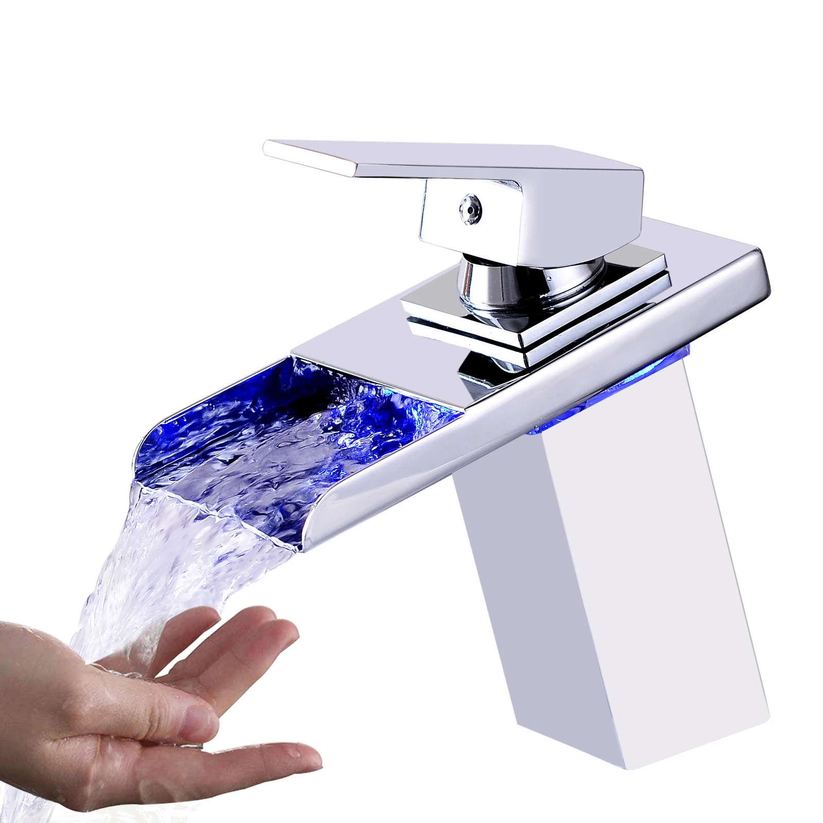 OUGOO LED Light Bathroom Sink Faucet, 3 Colors Changing Waterfall Spout, Hot and Cold Water Mixer, Single Hole